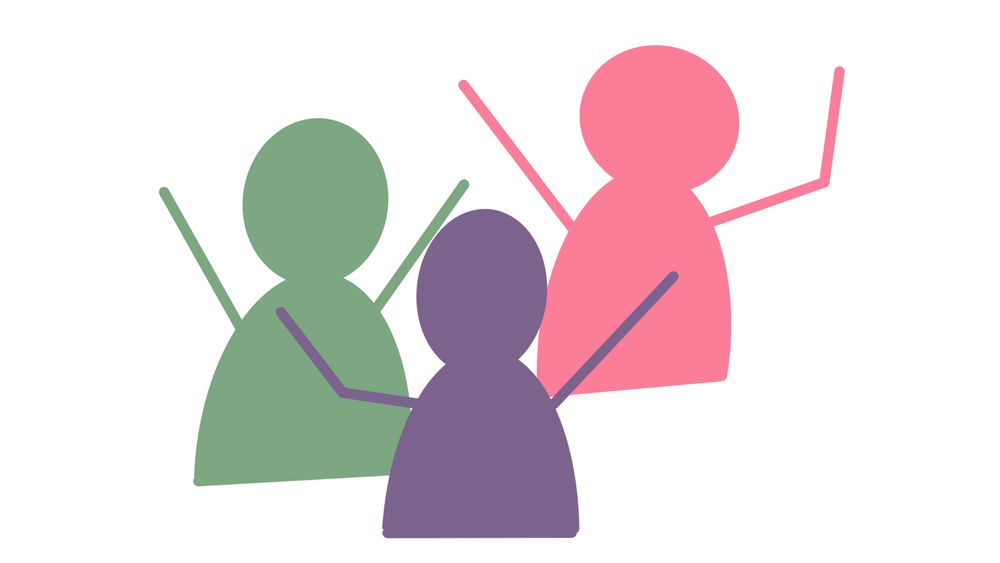 Three happy people in green, purple and pink colour