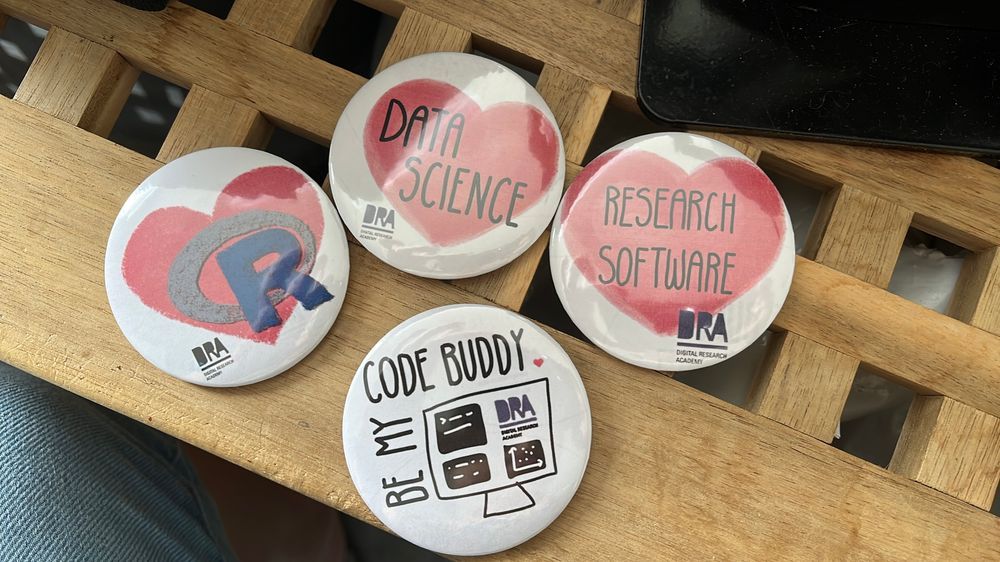 Four buttons with R, Data Science, Research software and be my code buddy written on them