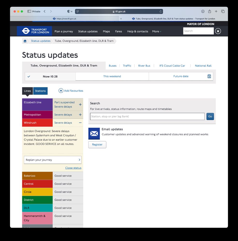 Screenshot of the Status updates page on the Transport for London (TfL) website, where people can see the current status of lines. London Overground lines are now listed individually rather than being grouped under a single option.

Current status shows the following line disruptions:
1. Elizabeth line has two disruptions, Part suspended and Severe delays
2. Metropolitan has Severe delays
3. Windrush has Severe delays