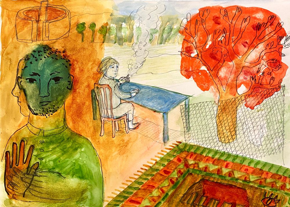 On the left side (surrounded by a pale ochre background) is a tall figure with a green face looking towards us and a profile looking to the left- along the bottom and to the right corner is a colourful carpet in reds and greens-in the centre in the middle distance is a woman at a table - she is smoking a cigarette and looking towards us- on her right is a large tree with red leaves in front of the tree is a net and behind the net a white squirrel -along the top of the picture is a line of trees - perhaps this scene is set in a park-  