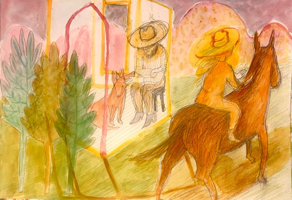 In pale water colours on paper -on the right a girl on a chestnut horse-we see the back of her  (wearing a big yellow hat) riding away (towards the top right). In the upper area towards the left side is the outline of a one room cabin -the walls are transparent & you can see an old cowboy inside the cabin -he is sitting on a stool & in front of him is a red dog -the cowboy is talking to and stroking the dog -outside the cabin at the back is a line of pink mountains -in front of the cabin are three tall trees -all round the cabin the ground is covered in soft moss coloured grass -