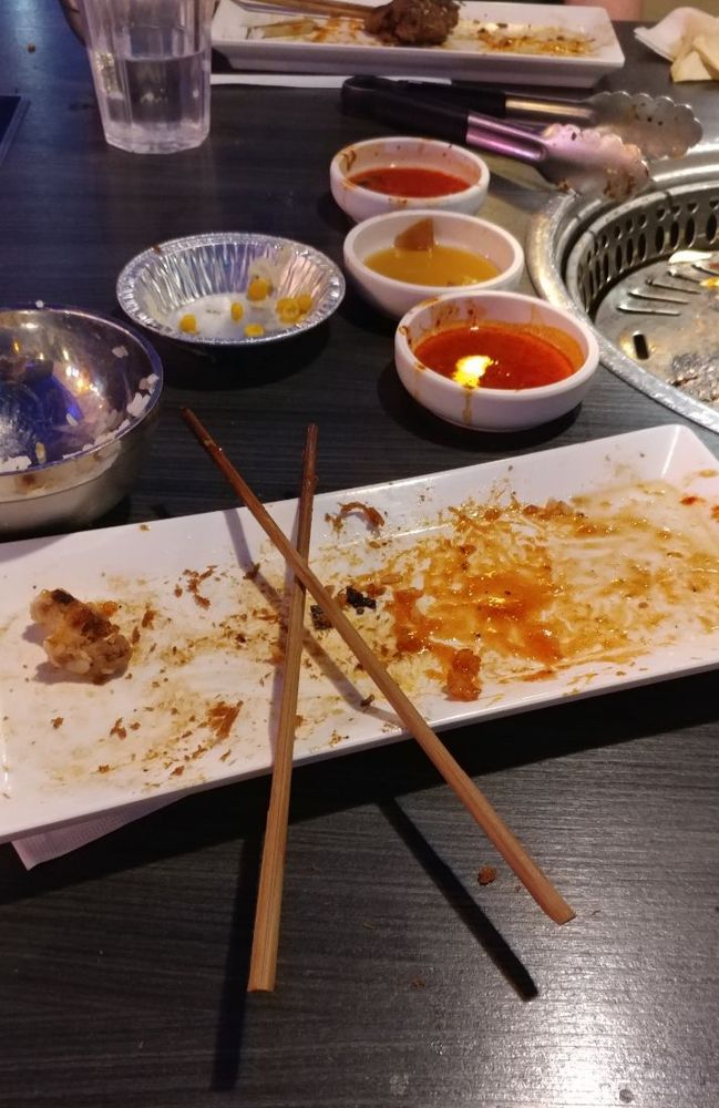 The dog from the previous photos is no longer visible on the plate, instead a mess of sauce is present and chopsticks are rested on the plate.