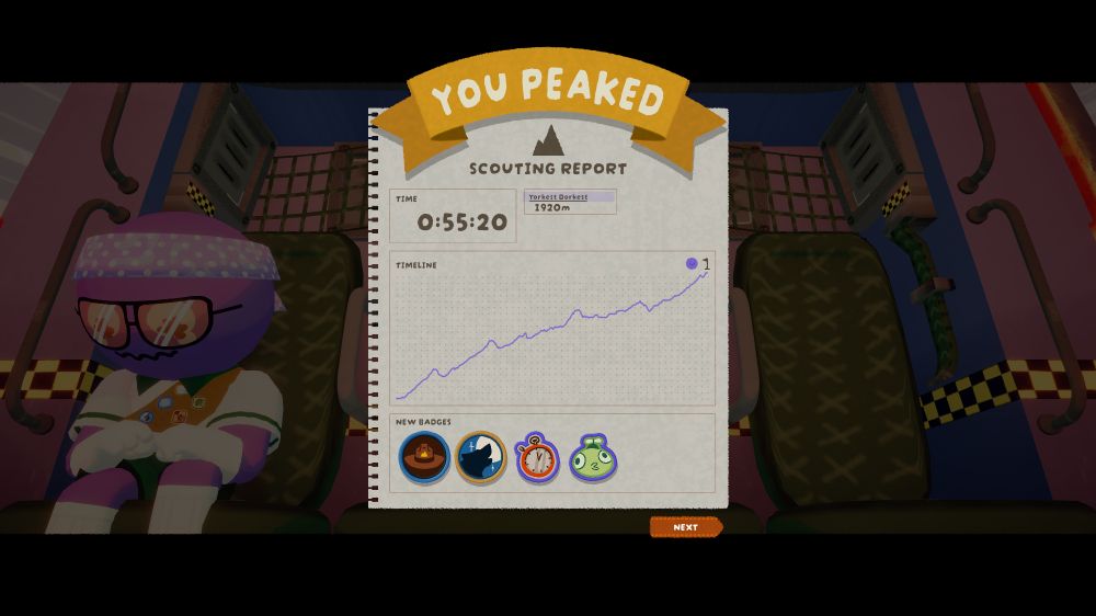 A screenshot of the game Peak, the report at the end of the game shows a time of 55 minutes and 20 seconds for the climb and 4 badges. One for mentorship, one for lone wolf, one for speed climber, and one for bing bong.