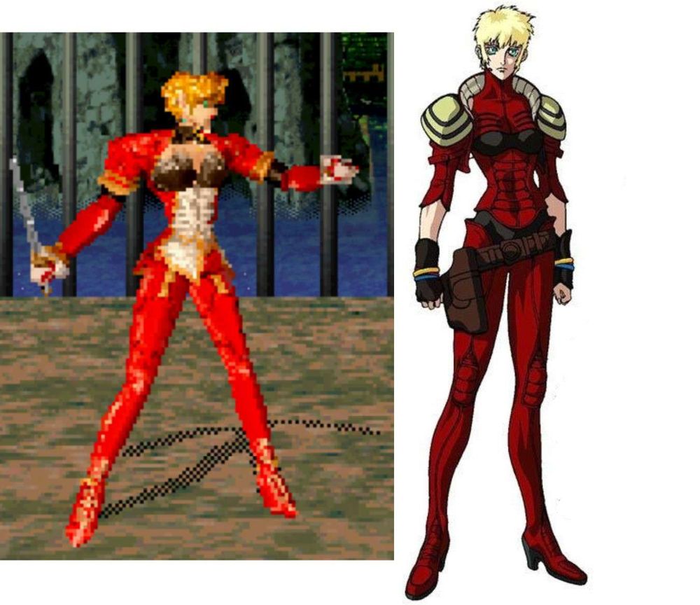 Left: Sabrina de D-Xhrid. Right: Leila Marcus. The 2 characters are wearing light, close-fitting red armour, with short blond hair and blue eyes.