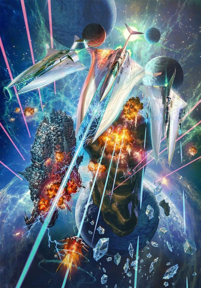 Three spaceships fly over large enemy ships in space. 