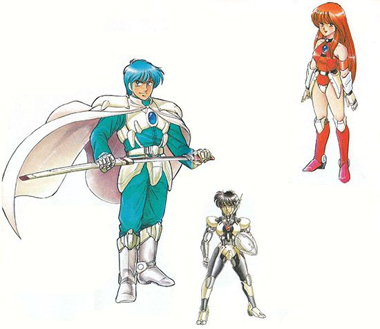 3 of the main characters from Phantasy Star III: a man in white armour worn over turquoise-blue clothes, a black-and-white humanoid robot and a woman in a pink armour bikini.