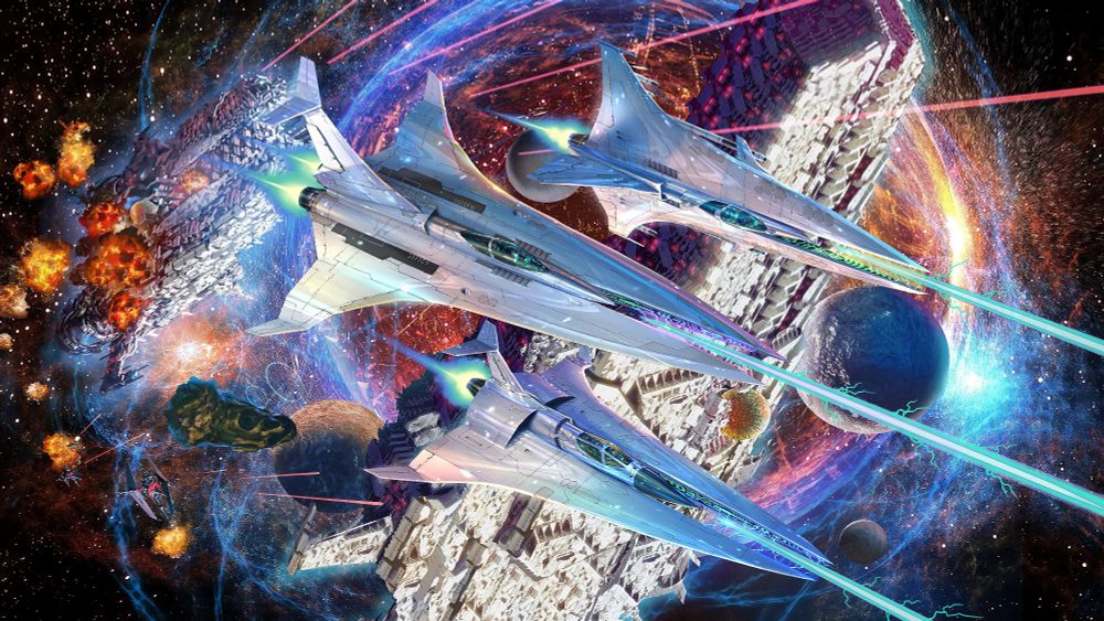 Three spaceships fly over large enemy ships in space. 