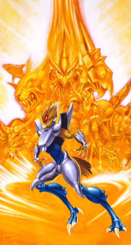 Alien Soldier box art: a humanoid bird in armour in the foreground. In the background, in yellow-orange hues, several enemies of different species.