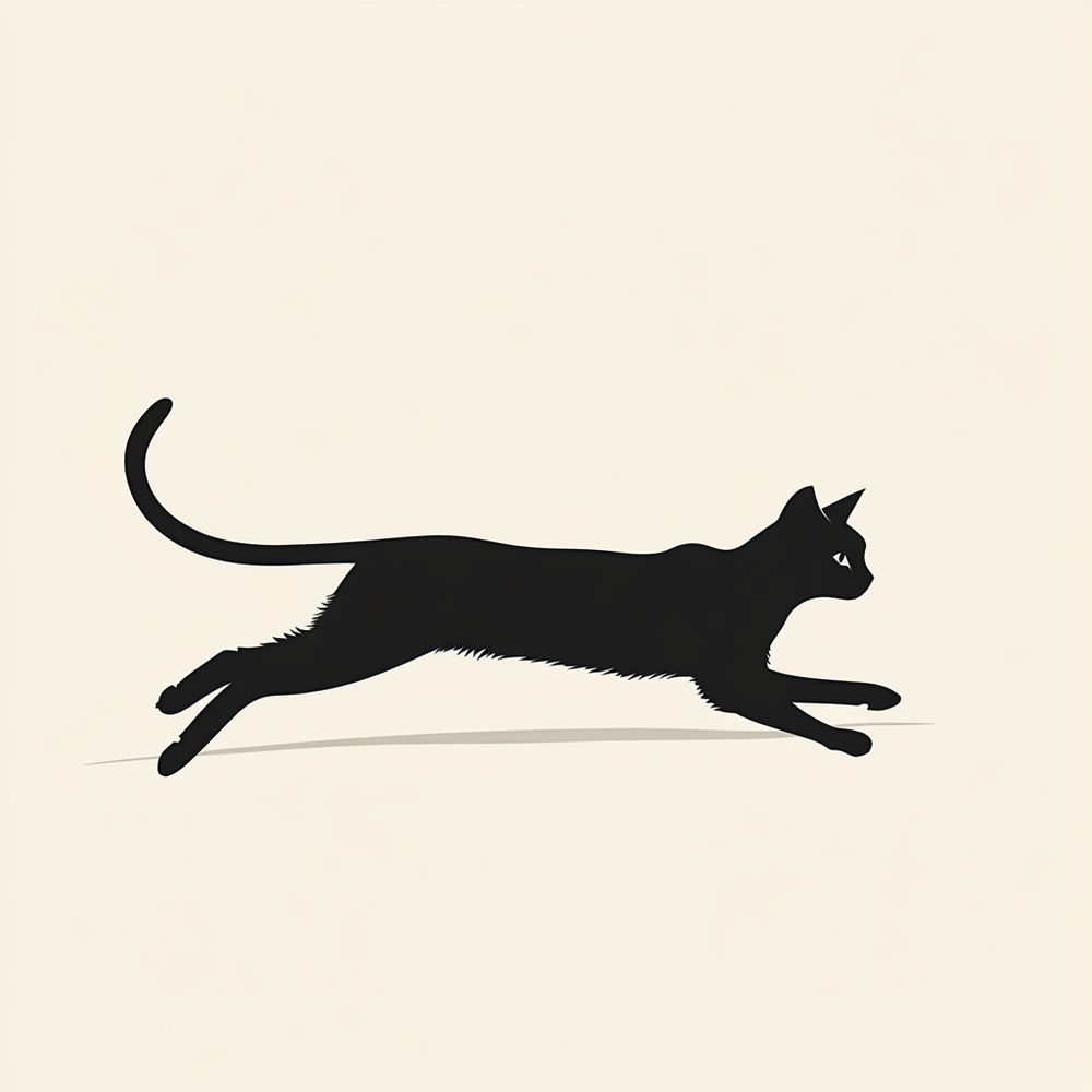 a minimalist black silhouette of a cat in full sprint against a cream background.