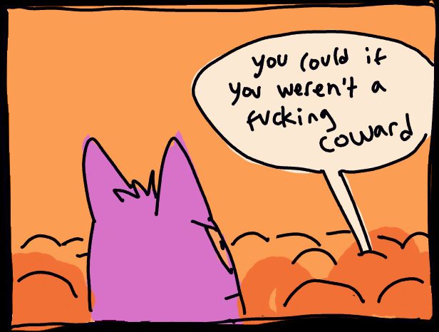 A panel from a comic originally posted on tumblr. Gengar is looking out at a crowd and is annoyed. Someone in the crowd is calling out: "You could if you weren't a fucking coward".

art source: https://coolfrogdude.tumblr.com/post/190739543695/original-thread-by-pukicho-and-several-other
original thread: https://kolbye.tumblr.com/post/171491778788/doctor-140000-a-year-furry-artist-on-patreon