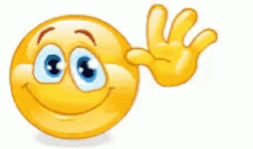 a yellow smiley face with blue eyes and a yellow hand waving .