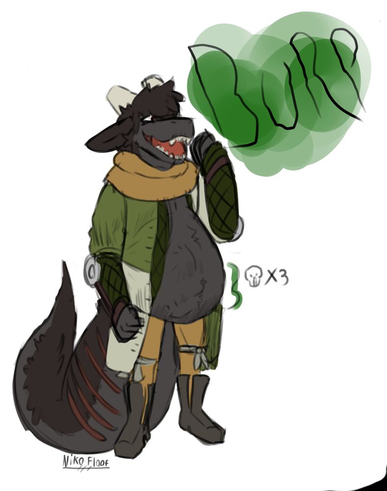 an Iron colored hearth dragon wearing a white and green outercoat, dark green gambeson, with orange hood and hosen. hes belching loudly with a skull that indicates that hes eaten 3 people near his gut.