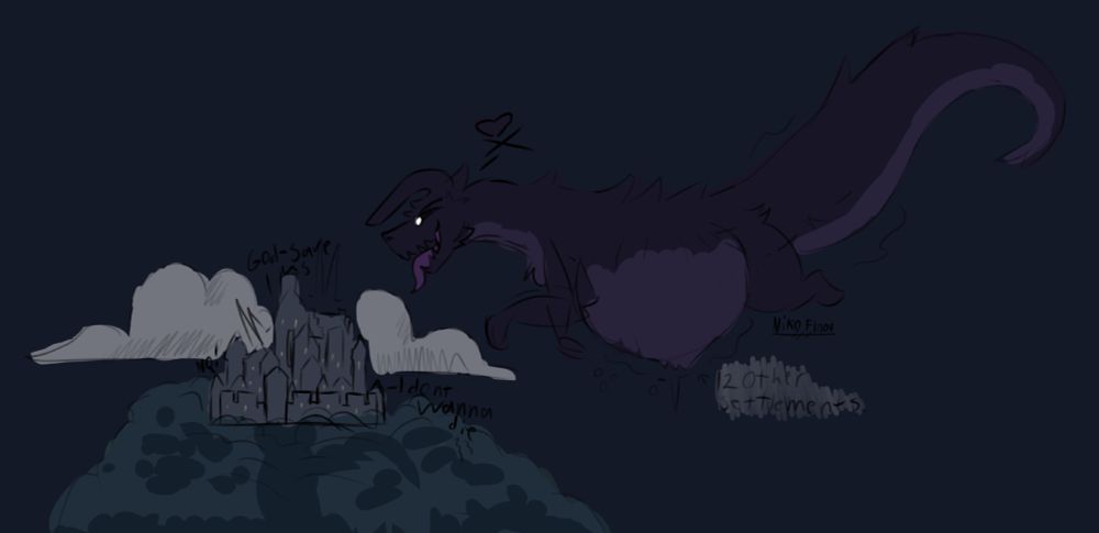 Grue floating over a city with text near her grumbly belly saying 12 other settlements are in her gut. Shes going in for the kill.