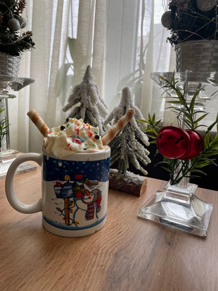Hot chocolate with sprinkles and whipping cream that’s semi-melted, in front of snowy trees 