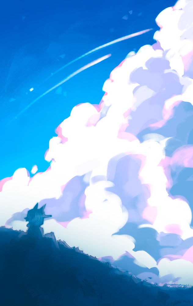 digital painting of a cloudy blue sky with the silhouette of a hill and a character sitting on the grass