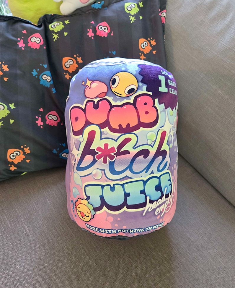 dumb b*tch juice soda can pillow front facing