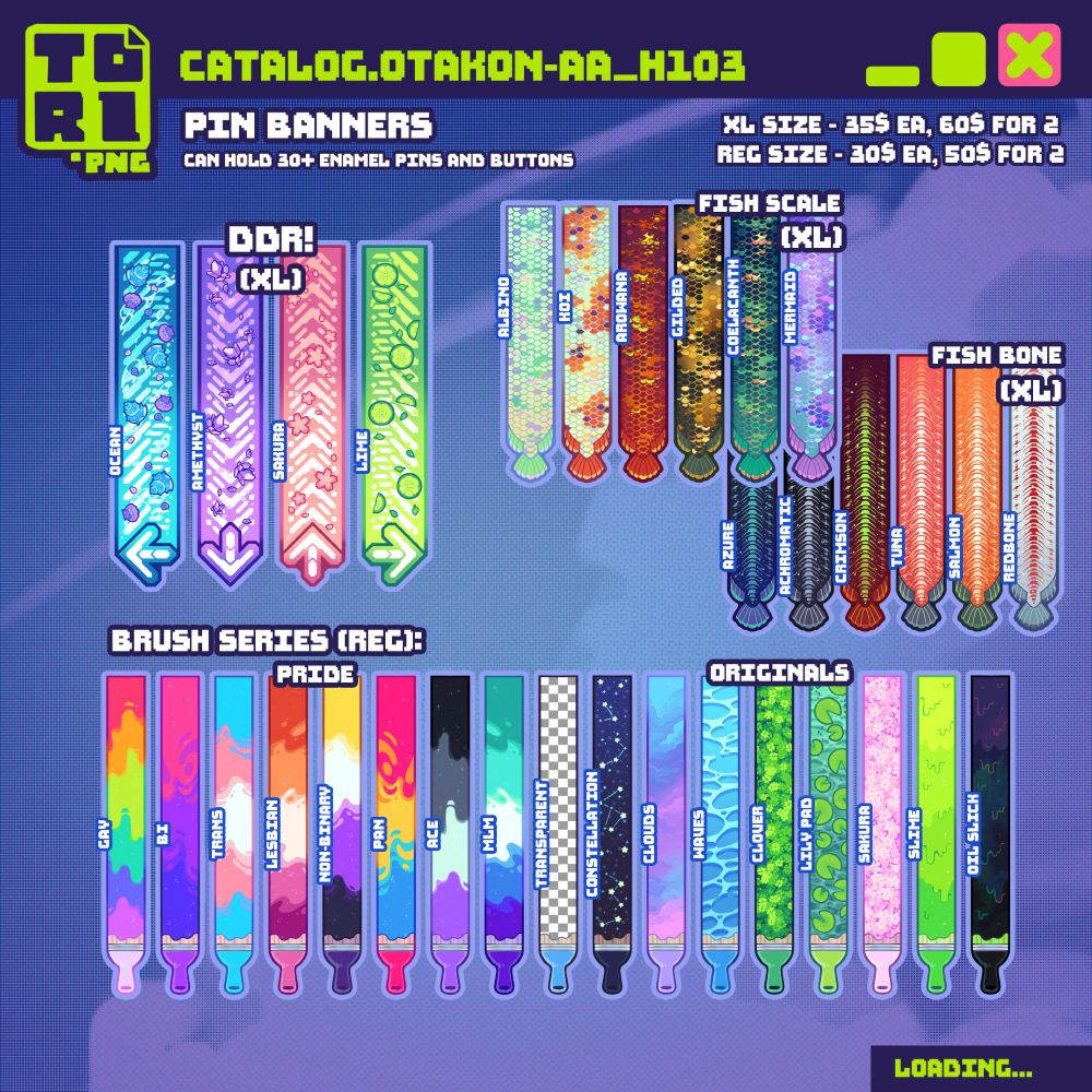 TORI.PNG H103 artist alley catalog for Otakon 2025 - page 1

Featuring pin banners