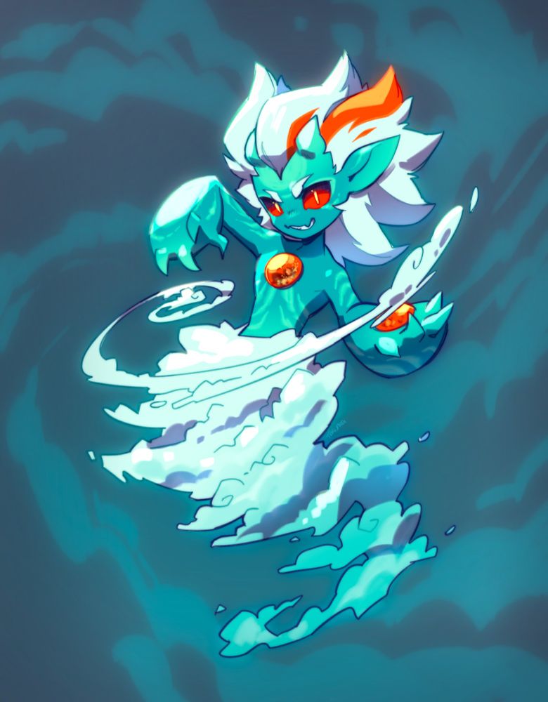 a djinn-like creature with a weather theme
main colors are aqua-blue and white and has red accent colors