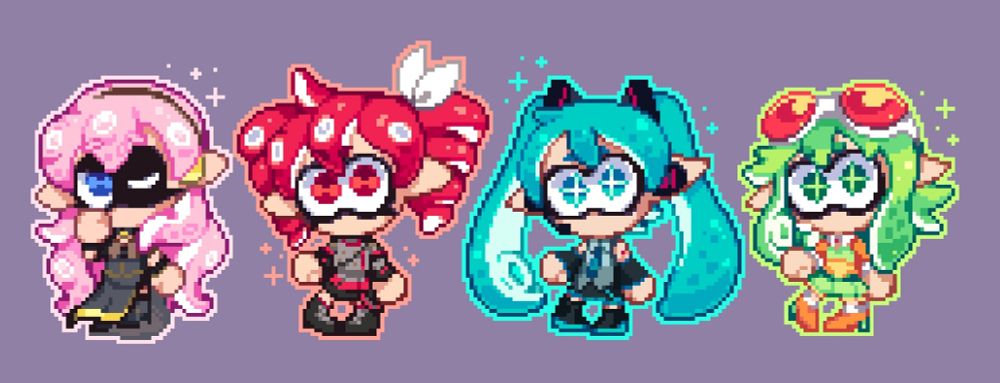 Pixel inkling and octoling designs of Luka Teto Miku and Gumi