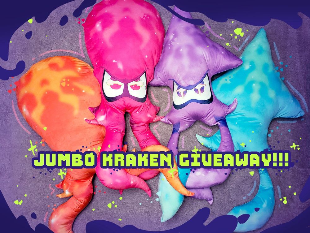 photo of four colorful jumbo kraken squid and octo pillows with the text 'jumbo kraken giveaway'
