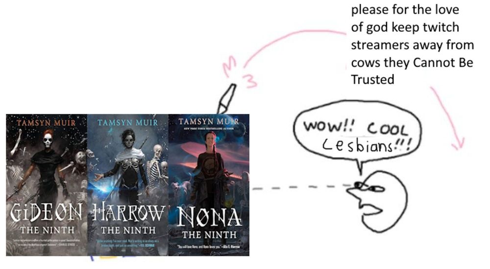 person looking at the locked tomb series saying wow cool lesbians while the greater point of "please for the love of god keep twitch streamers away from cows they cannot be trusted" goes over their head