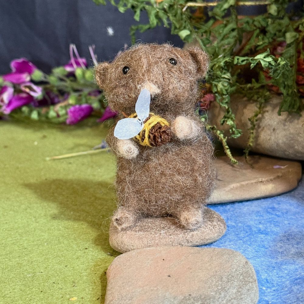 Felted water vole with an alder cone bee 