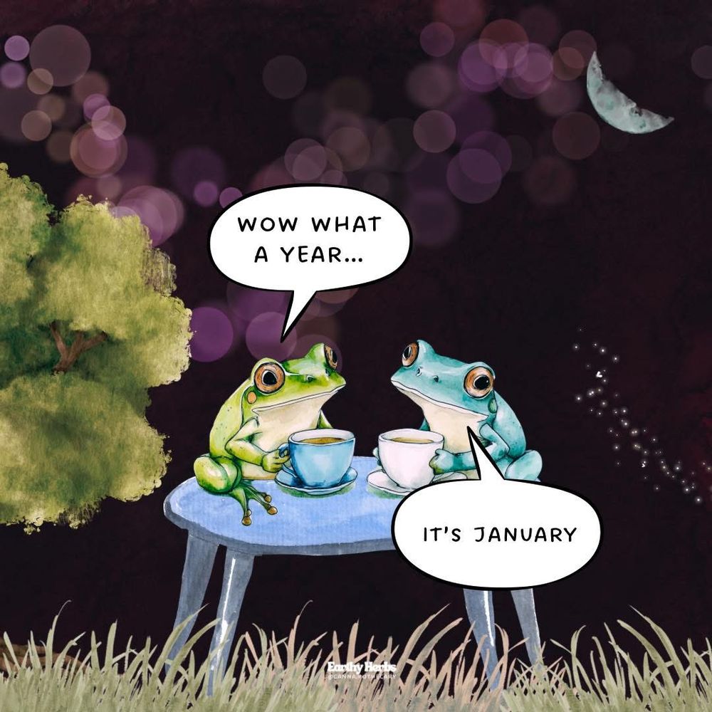 Two frogs drinking tea on a toadstool at night. “Wow what a year” says one. “It’s January.” Says the other 