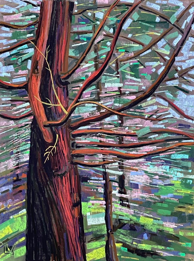 Painting featuring a single tree with many branches reaching outward, thick foliage behind, bright colors and expressive marks.