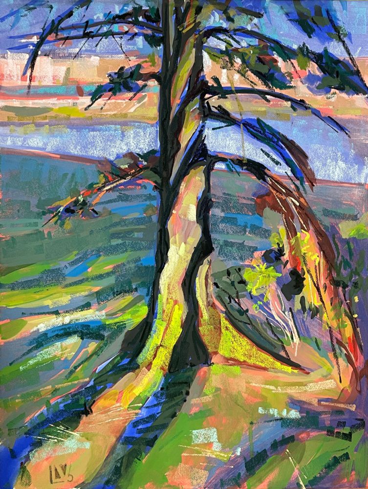 Colorful tree in front of Tjörnin pond with strong late-day shadows. Painted in gouache and soft pastel with bright colors and expressive marks. There is characteristic bright yellow-green moss at the base of the tree.