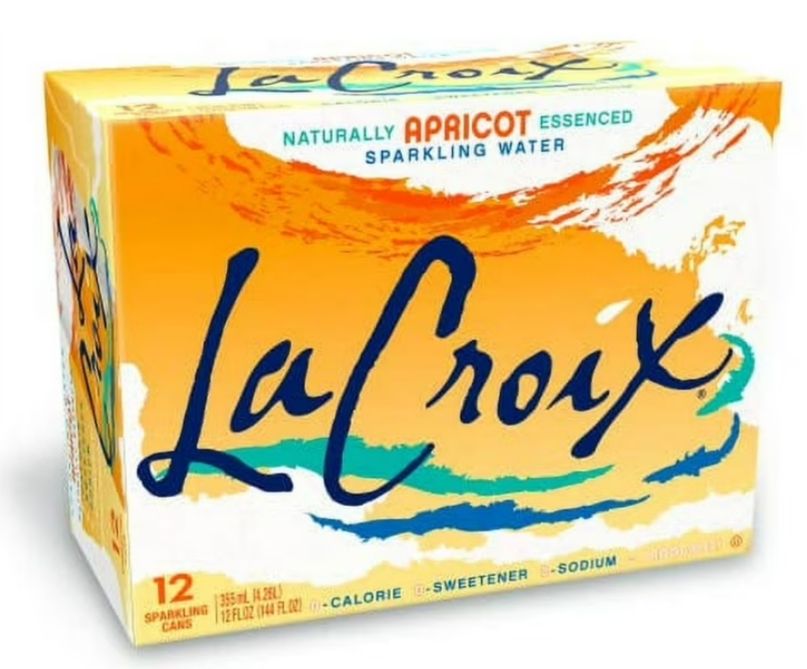Photograph of a box of apricot LaCroix seltzer