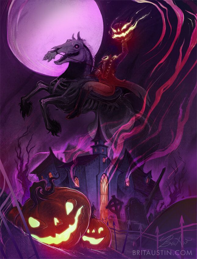 The legend of sleepy hollow illustration by Brit Austin. A skeleton horse and headless rider jump above a darkened town. The large full moon shines down illuminating a gated path with tombstones and lit Jack o lanterns. 