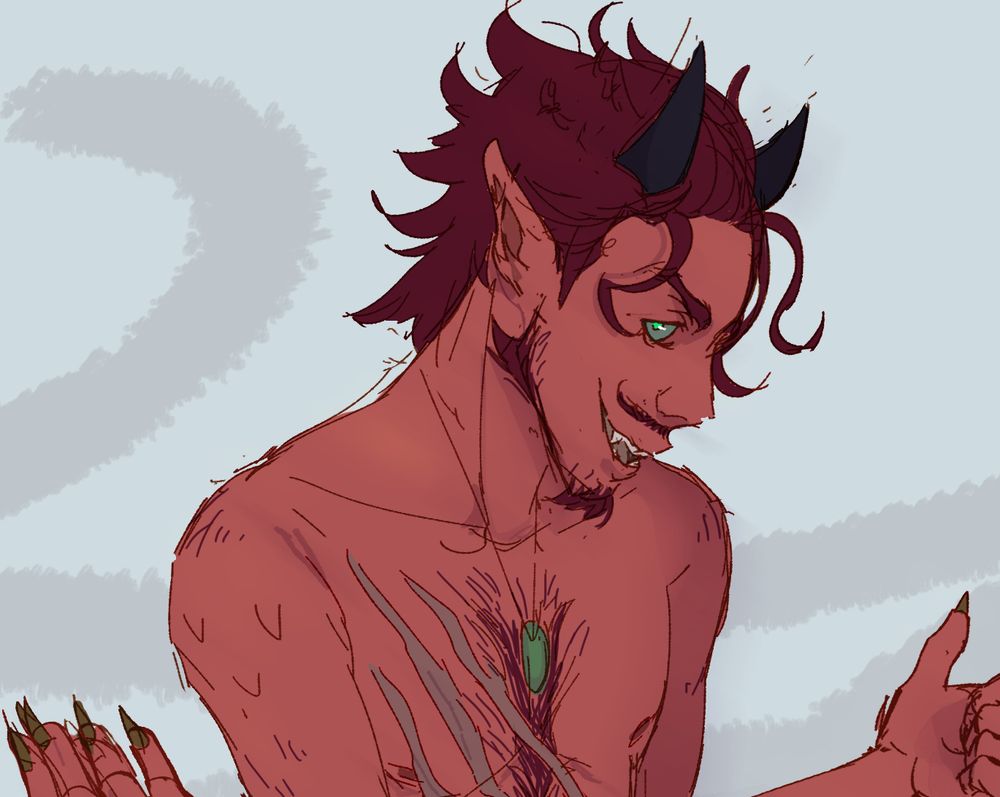 A male demon looking mischievous into the camera standing with his hands up. He has blue shorts on, he has three scars on his chest and his legs morph into goat hooves. He has a spiky demon tail. 