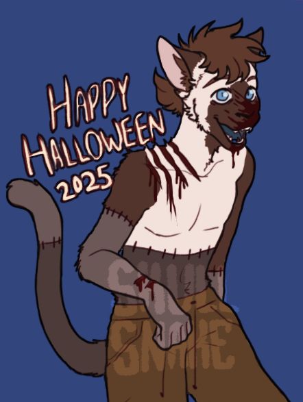 Text: Happy Halloween 2025, an anthro siamese cat smiles at the camera with blood on his face and he's stitched like frankenstein