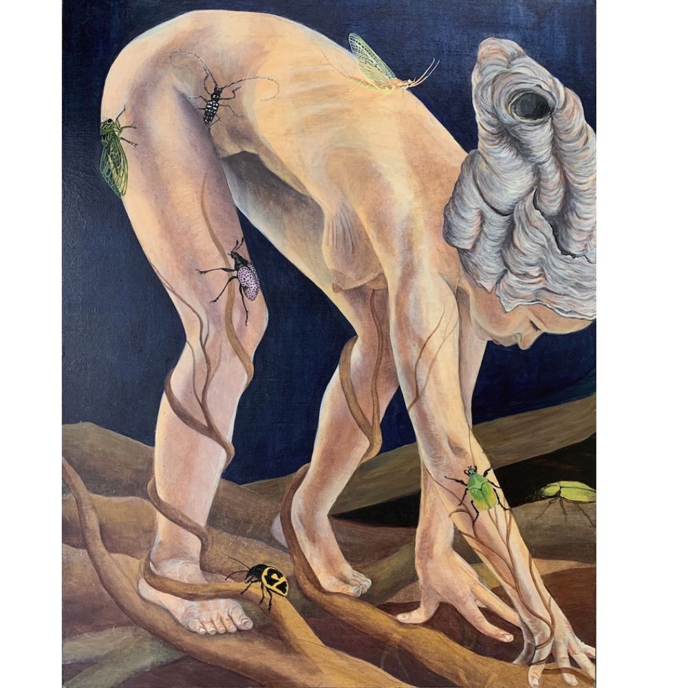 A surreal painting by Emily Flint of a nude woman crouching and crawling over roots that are winding around her legs and arm. She has a hornet’s nest head and various insects crawling over her body. Set against a dark blue background.