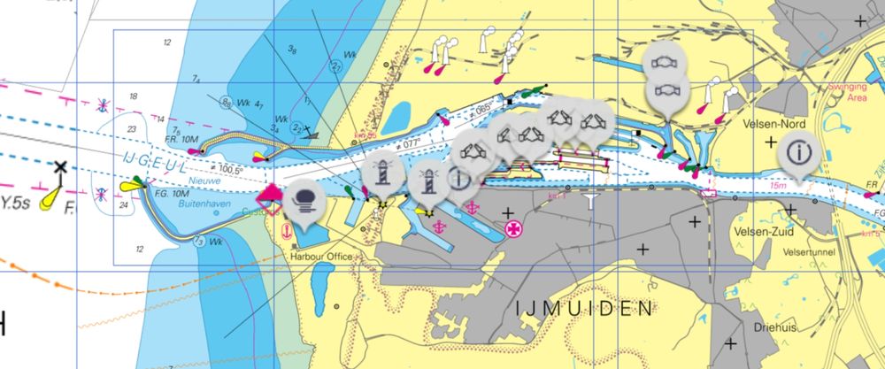 Waterkaart uitsnede van IJmuiden en de pieren.