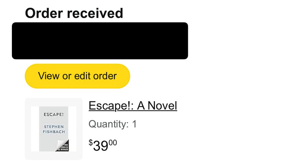 Screenshot showing a pre-order for Stephen Fishbach’s debut novel, Escape!