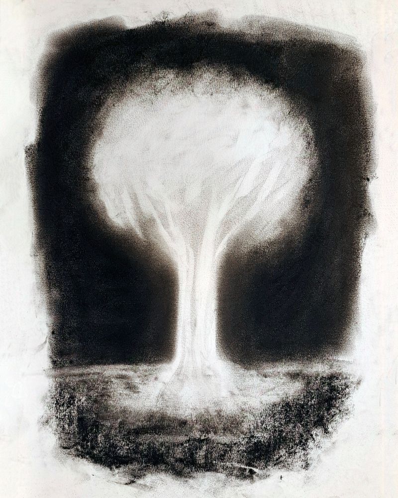 Charcoal drawing of a bright glowing tree, reminiscent of the mushroom cloud of a nuclear explosion.