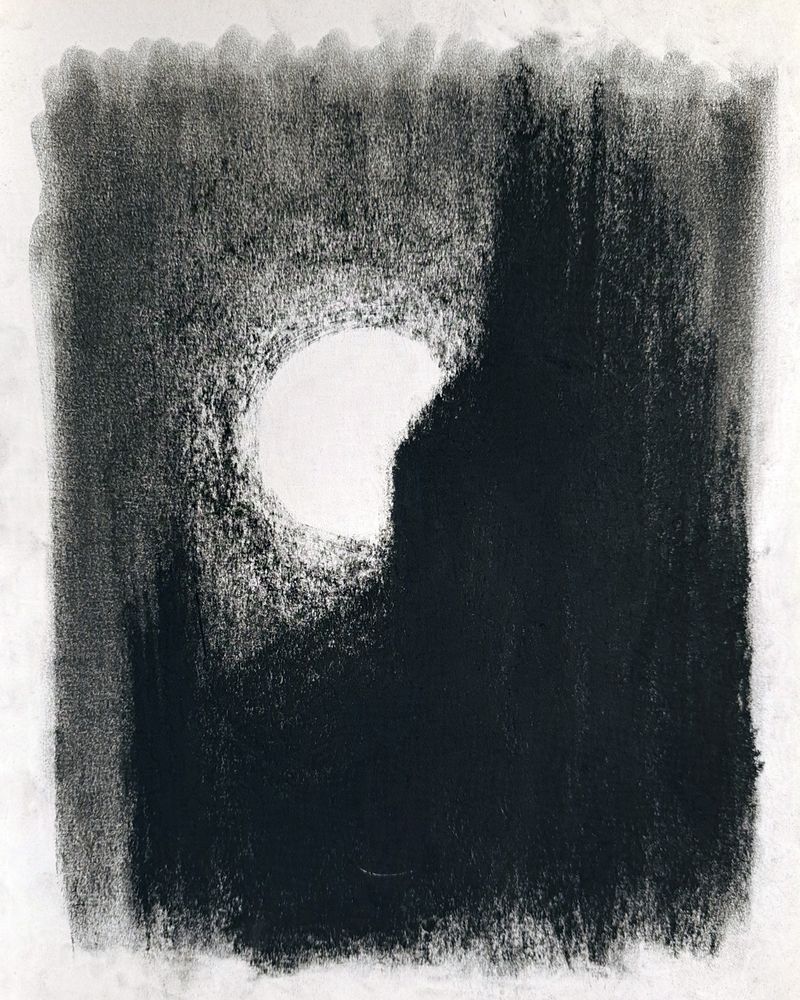 Ominous charcoal drawing of a cathedral in front of the full moon, at night.