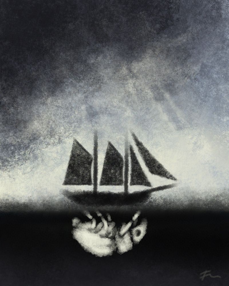 Ominous digital painting of a sailing ship on a calm, dark sea. The ship is contrasted by a bug of equal size mirrored in the water.