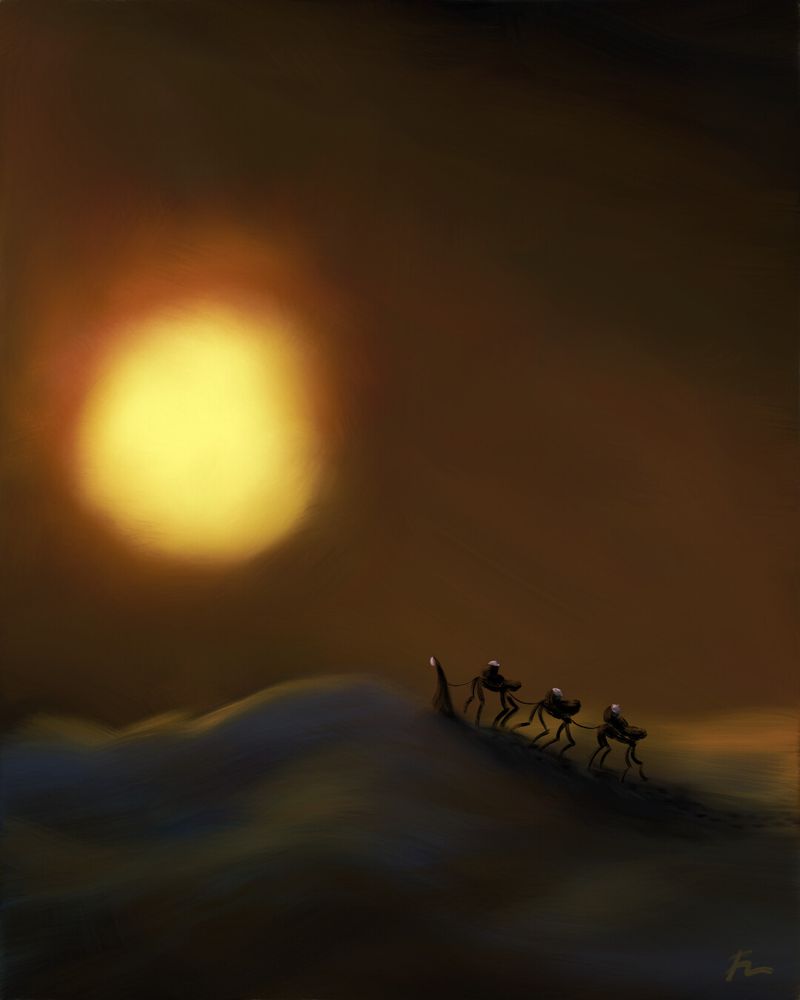 Eerie digital painting of a caravan crossing a desert in the hazy midnight sun. A dark figure wearing a white mask is guiding three robot dogs carrying the bodies of other masked people, wrapped in dark cloth.