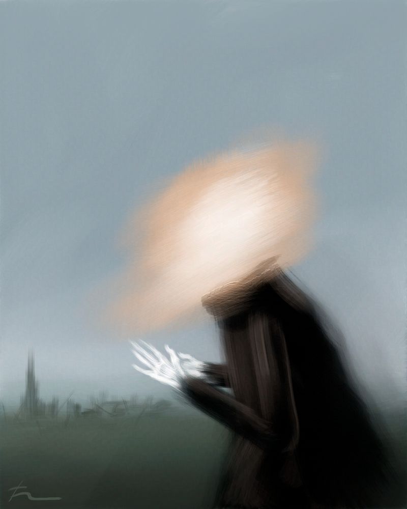 Somber digital painting of a strange bulky figure, hands vaguely outstretched, head alight. Ruins are visible on the horizon.