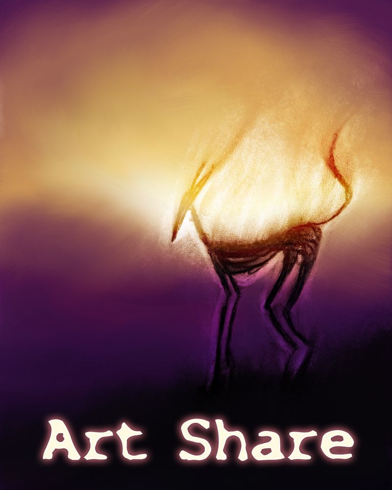 Art Share promo image. Mixed media artwork of an ethereal canine silhouette drawn in charcoal being illuminated by the last glimpse of sunset, in a fiery yet calming way.