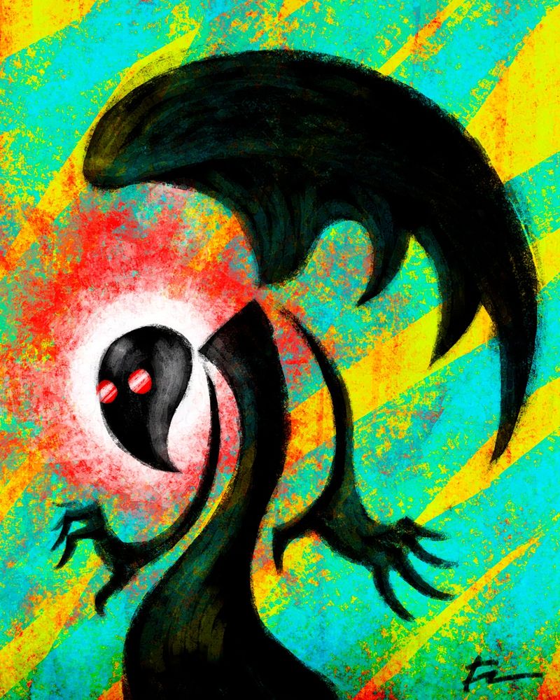 Gritty digital painting of a winged character standing in a slightly mischievous, dynamic pose; a single large wing overhead. They are all in black, wearing red goggles. The background is in bright colors. Their head is accented by a halo-like splash of red and white.