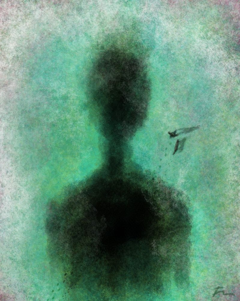 Digital painting of a bird's eye view of a person and their dog taking a walk across a frozen lake. A colossal humanoid figure lies frozen beneath the ice.
