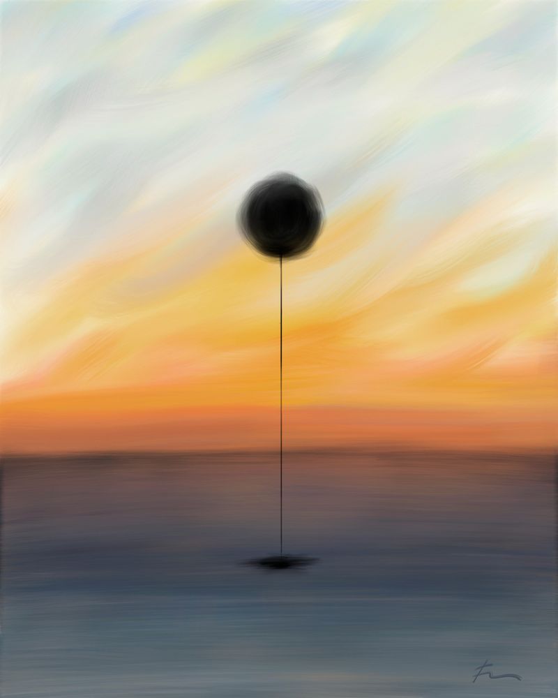 Digital painting of a fiery sky over the cold, calm sea. A black orb is floating above the water, mysterious black substance flowing into the sea in a thin stream.