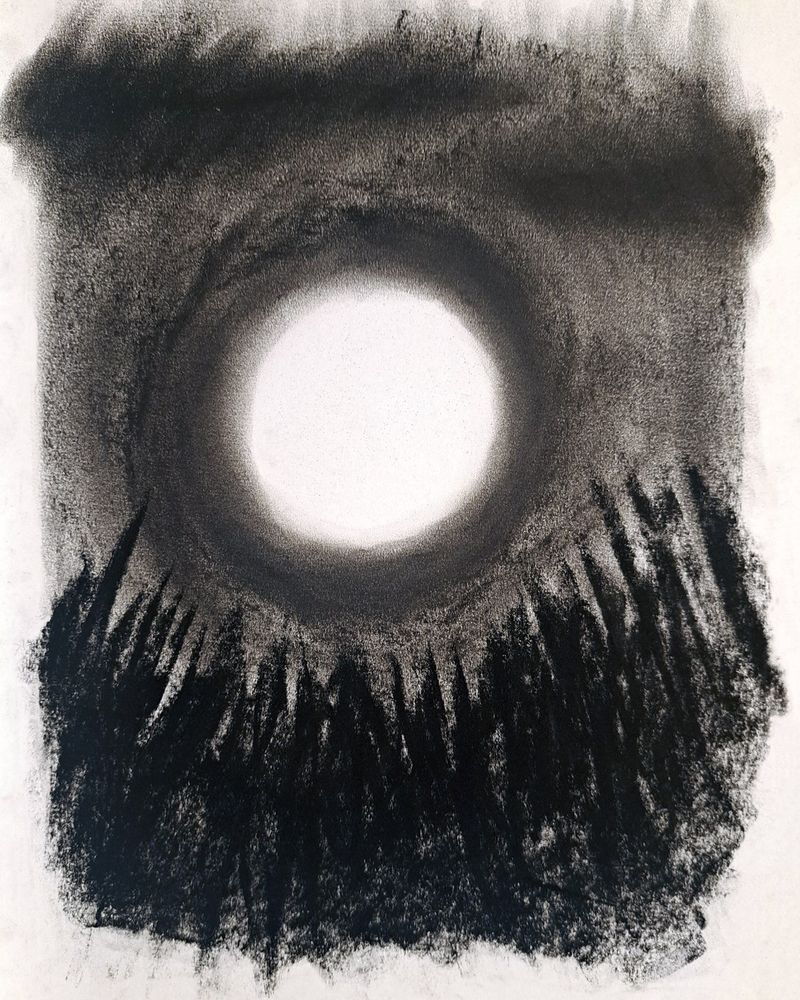 Charcoal drawing of a full moon over a dark forest.