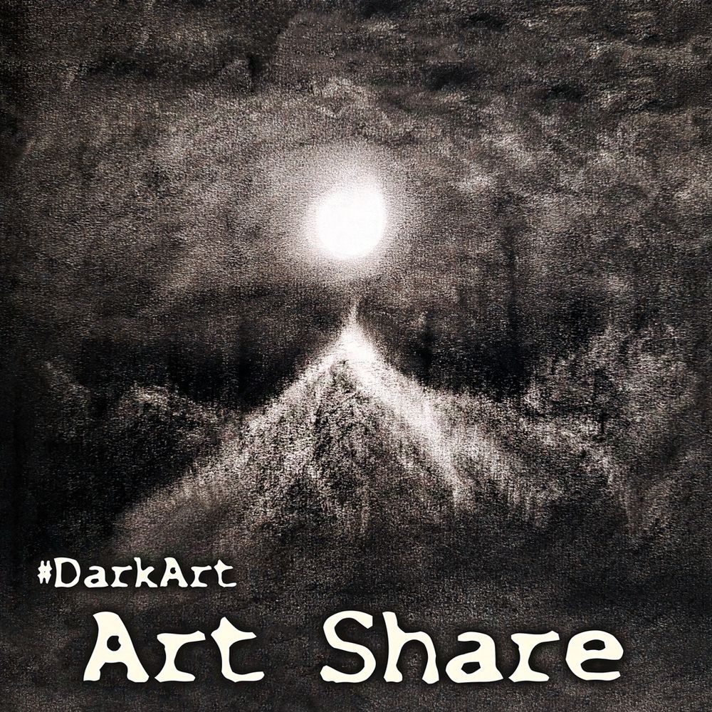 #darkart artshare promo image. Charcoal drawing of an eerie landscape. A bright light is hovering over a mountain forest, lights moving down alongside the trees as if in procession.