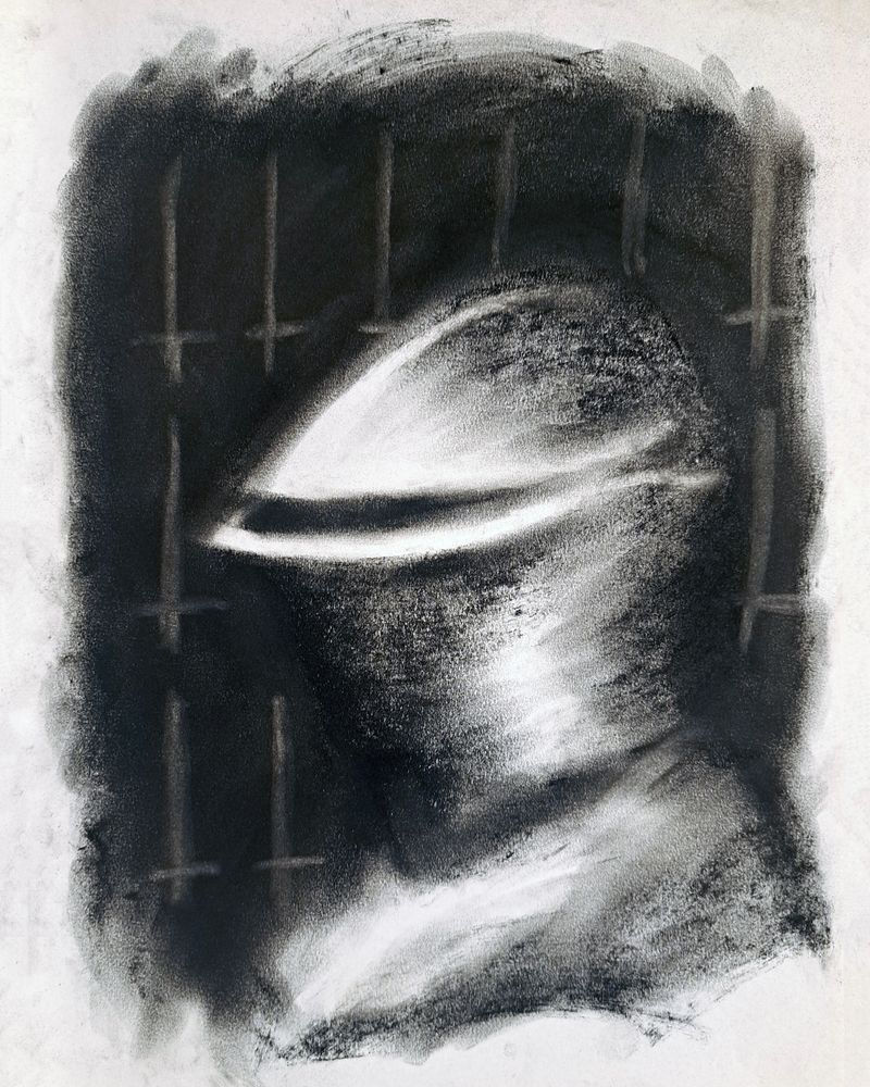 Somber charcoal portrait of a knight in armor.