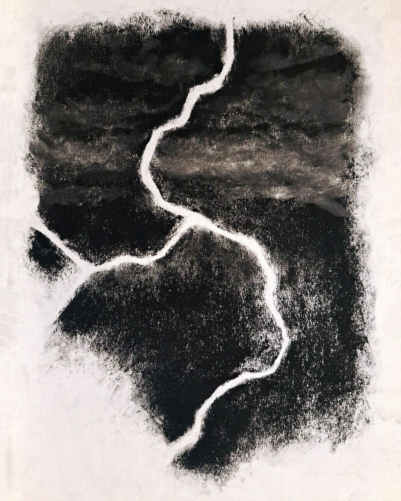 Charcoal drawing of a lightning strike, dramatically breaking the dark skies beyond.