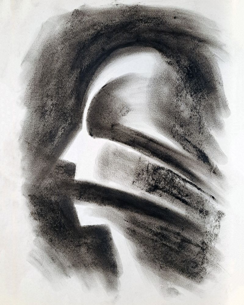 Expressionist charcoal drawing of a head in motion.